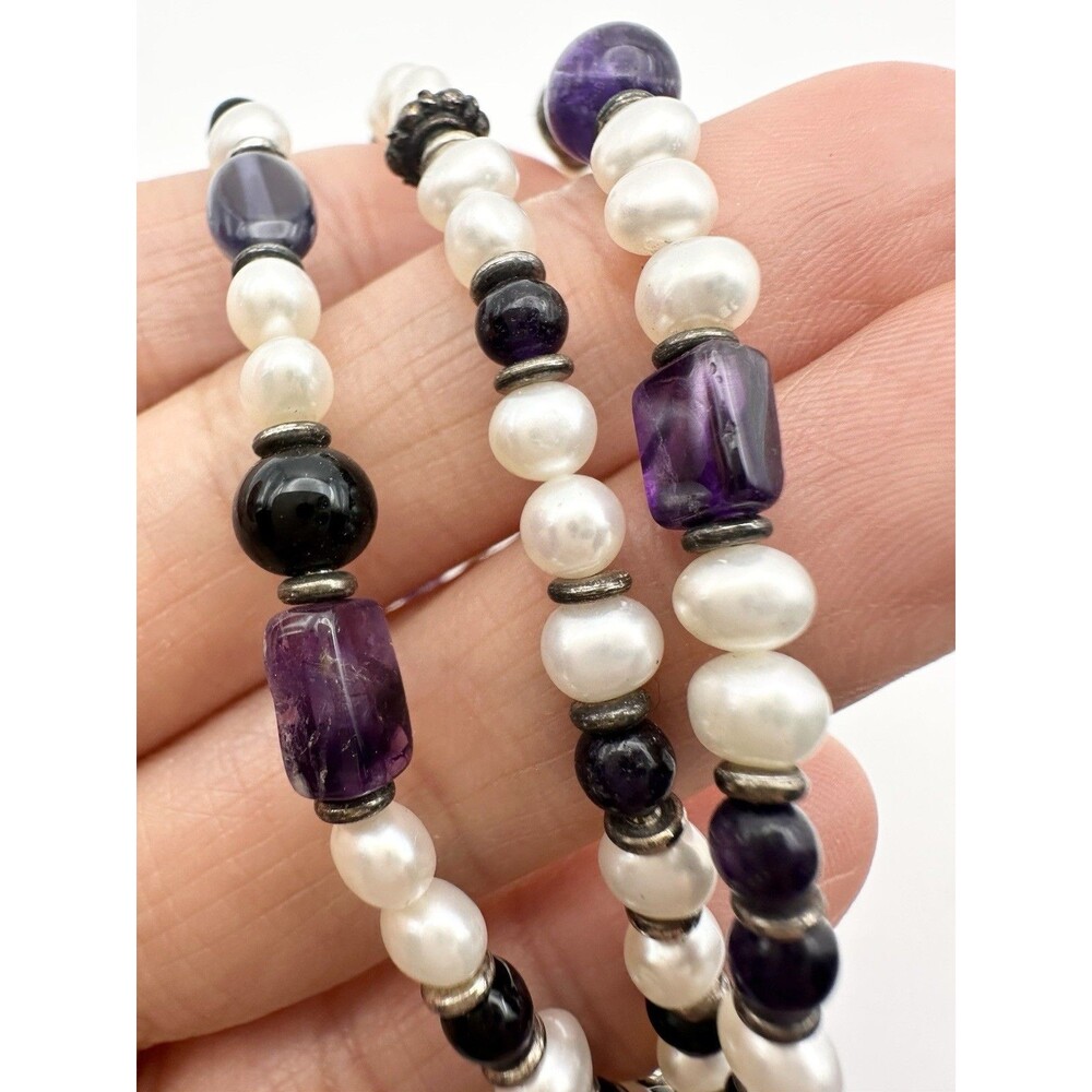 Natural Amethyst Cultured Freshwater Pearl Bracelet Multistrand 6.75”